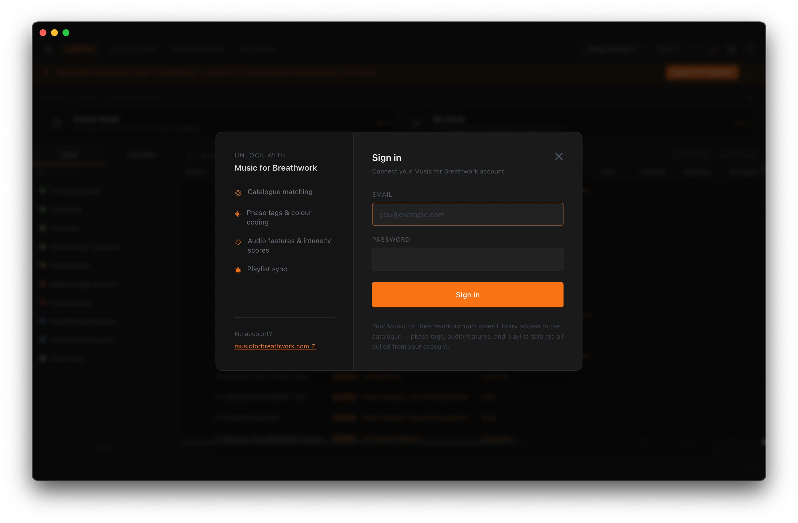 The Music for Breathwork sign-in dialog, listing what a free account unlocks