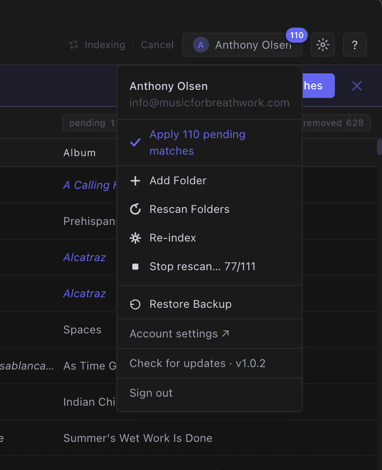 The account menu showing Add Folder, Rescan, Re-index, and Restore Backup