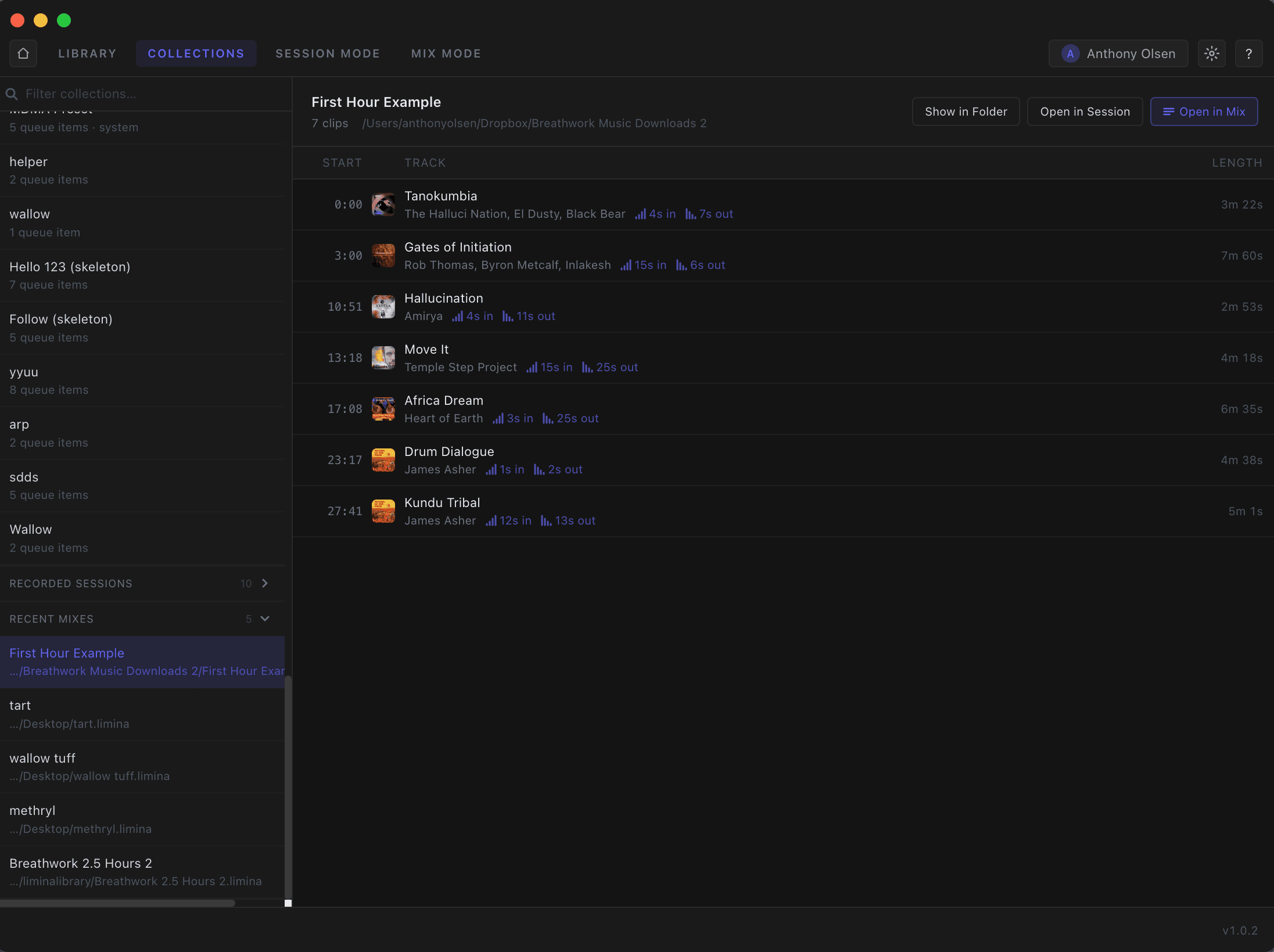 Limina Collections — playlists, saved mixes, and recorded sessions