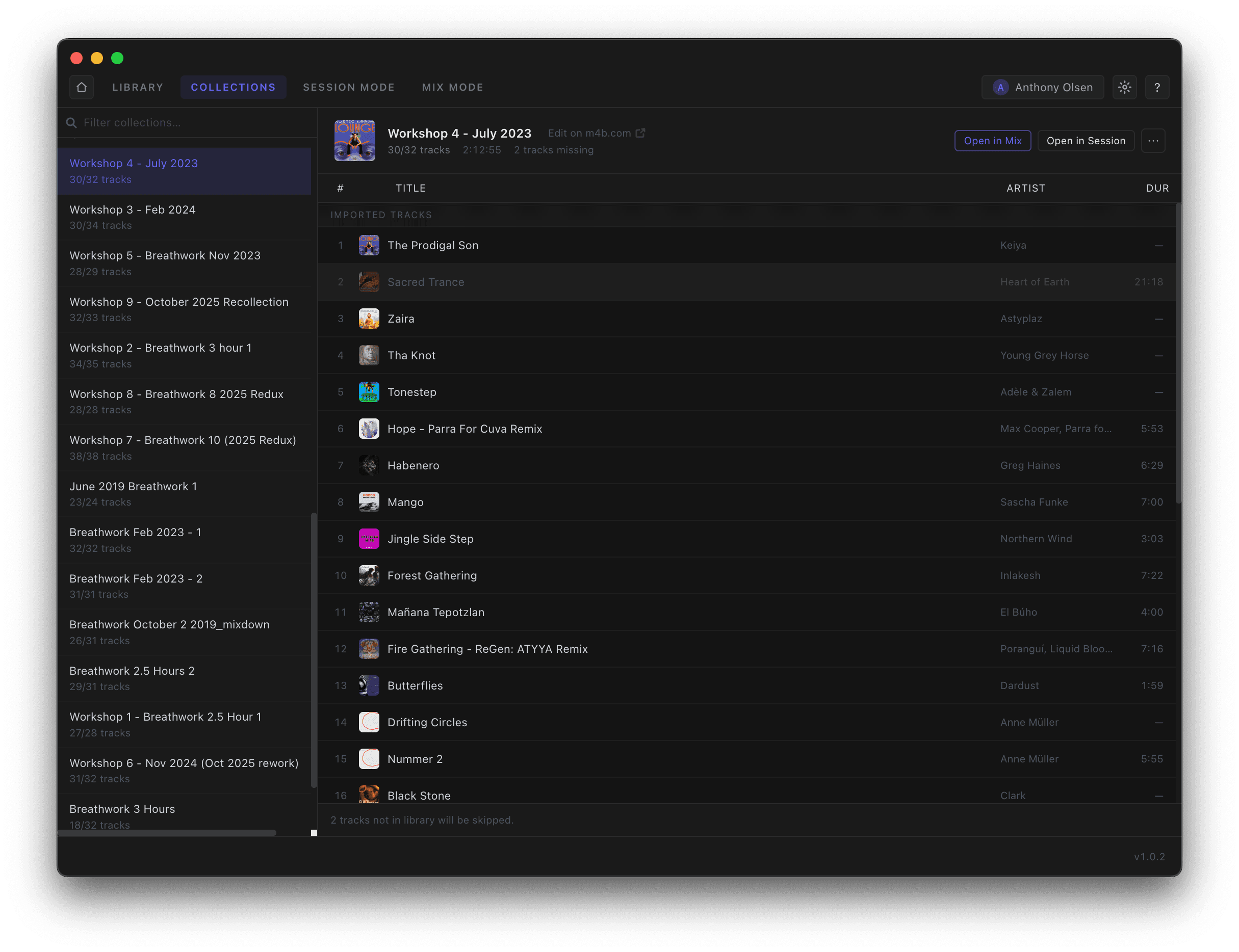 A Collections playlist imported from Music for Breathwork, with Open in Session and Open in Mix