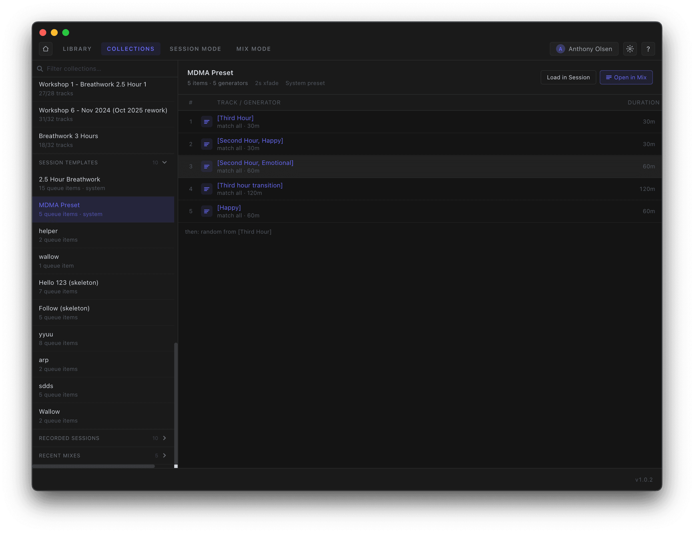 A session template made of tag generators, with Load in Session and Open in Mix