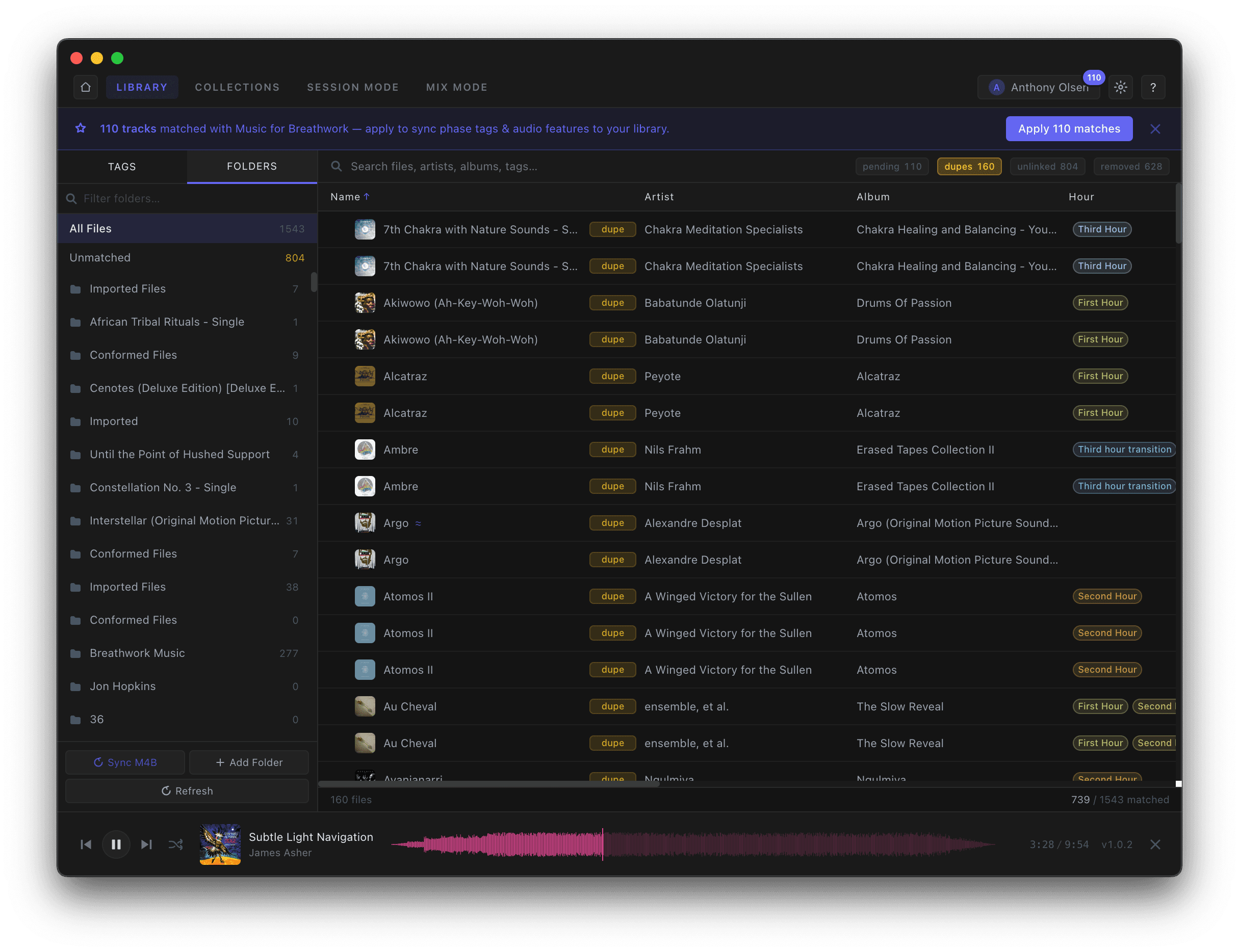 Library folders view highlighting duplicate and unmatched tracks