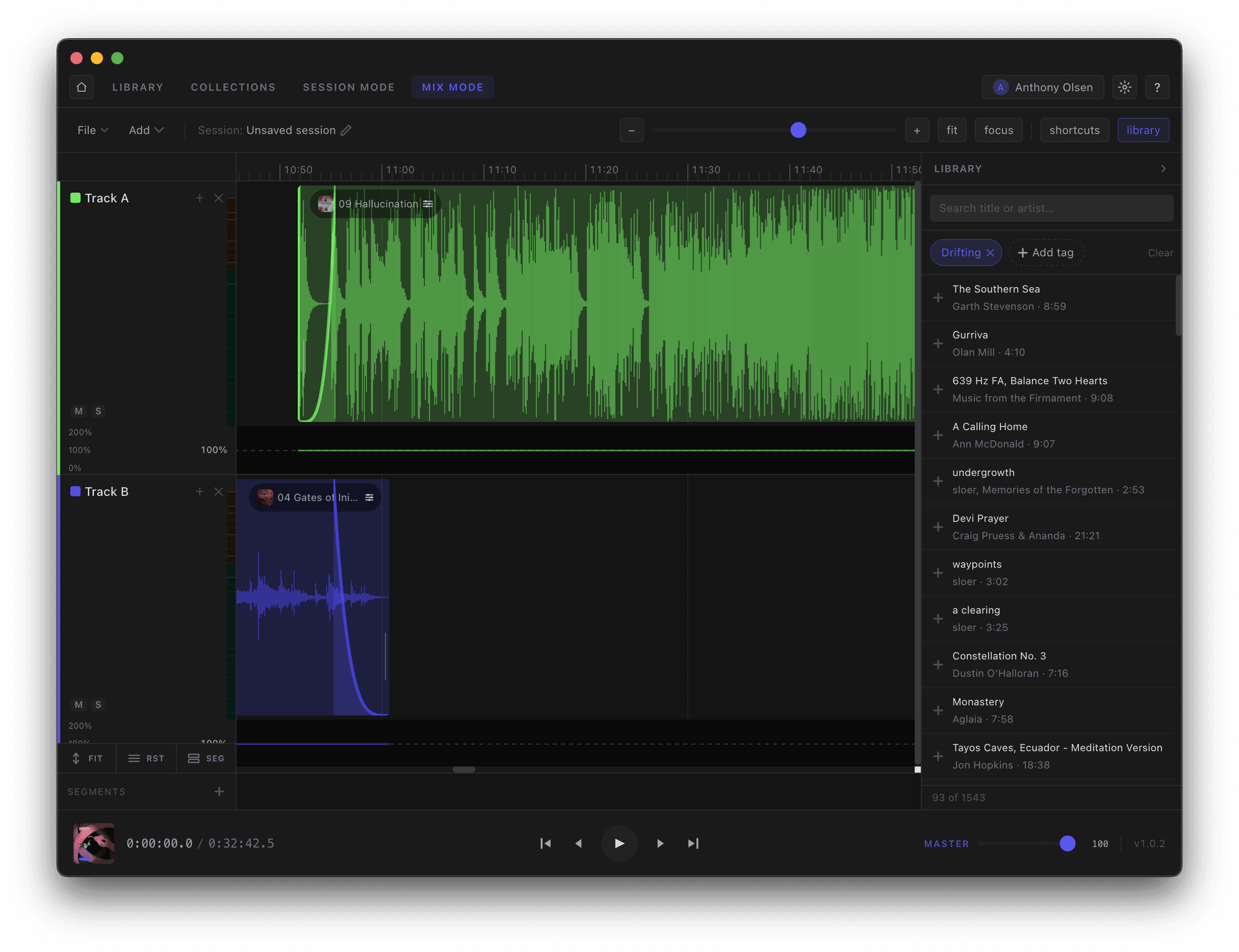 Mix Mode with the Library panel open beside the timeline