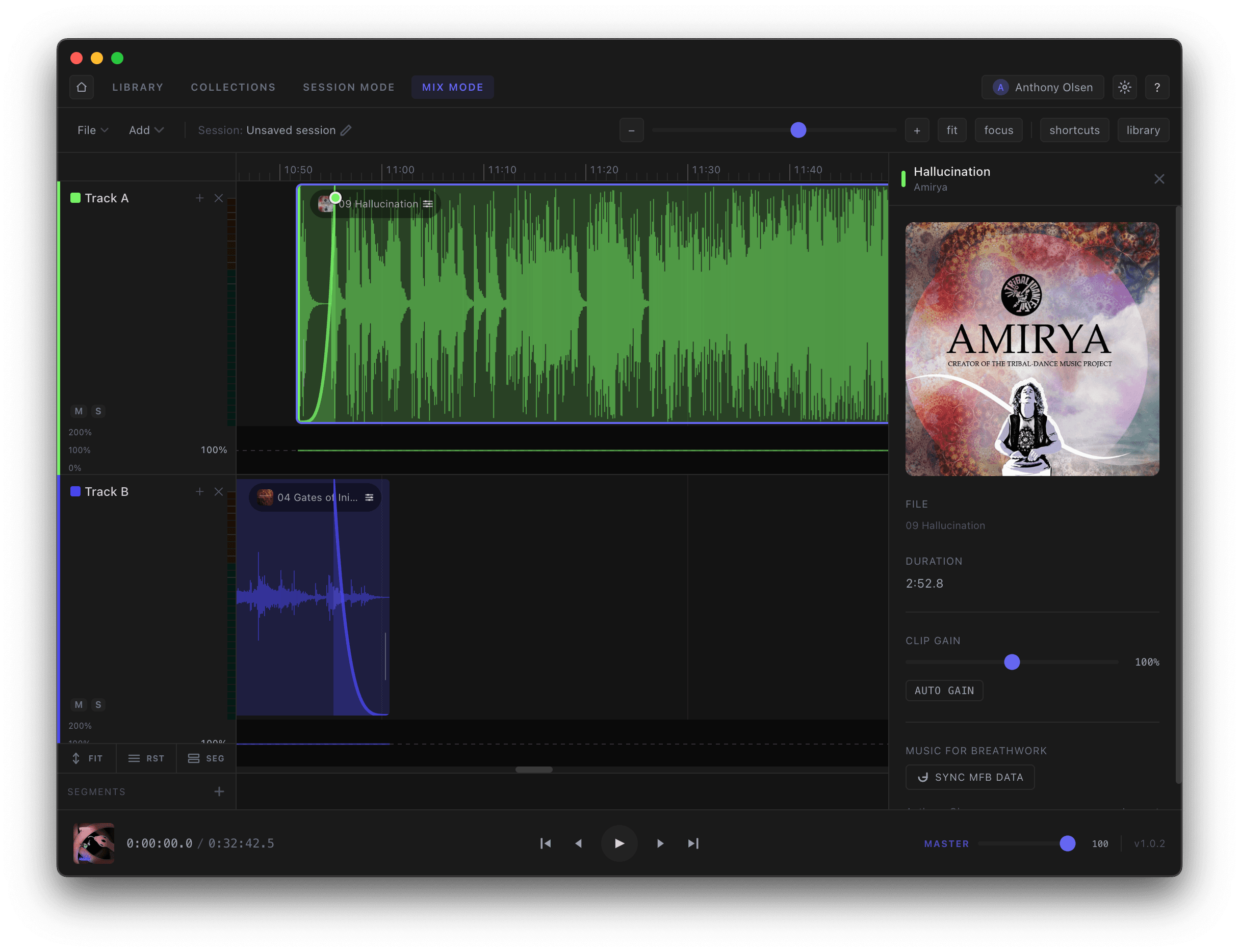 Mix Mode clip detail panel showing gain, auto-gain, and MFB data sync