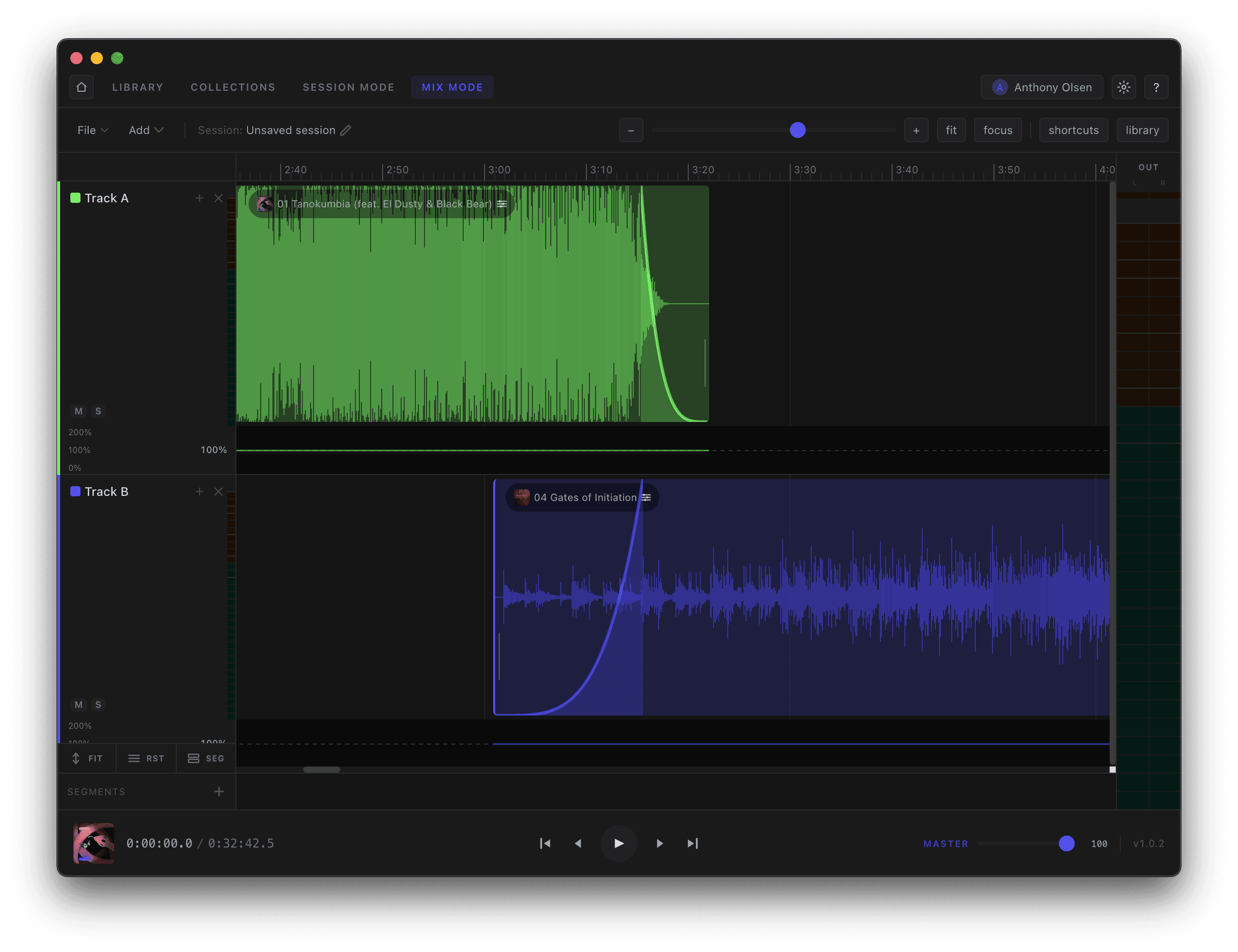 Mix Mode multitrack timeline with two tracks and a crossfade curve