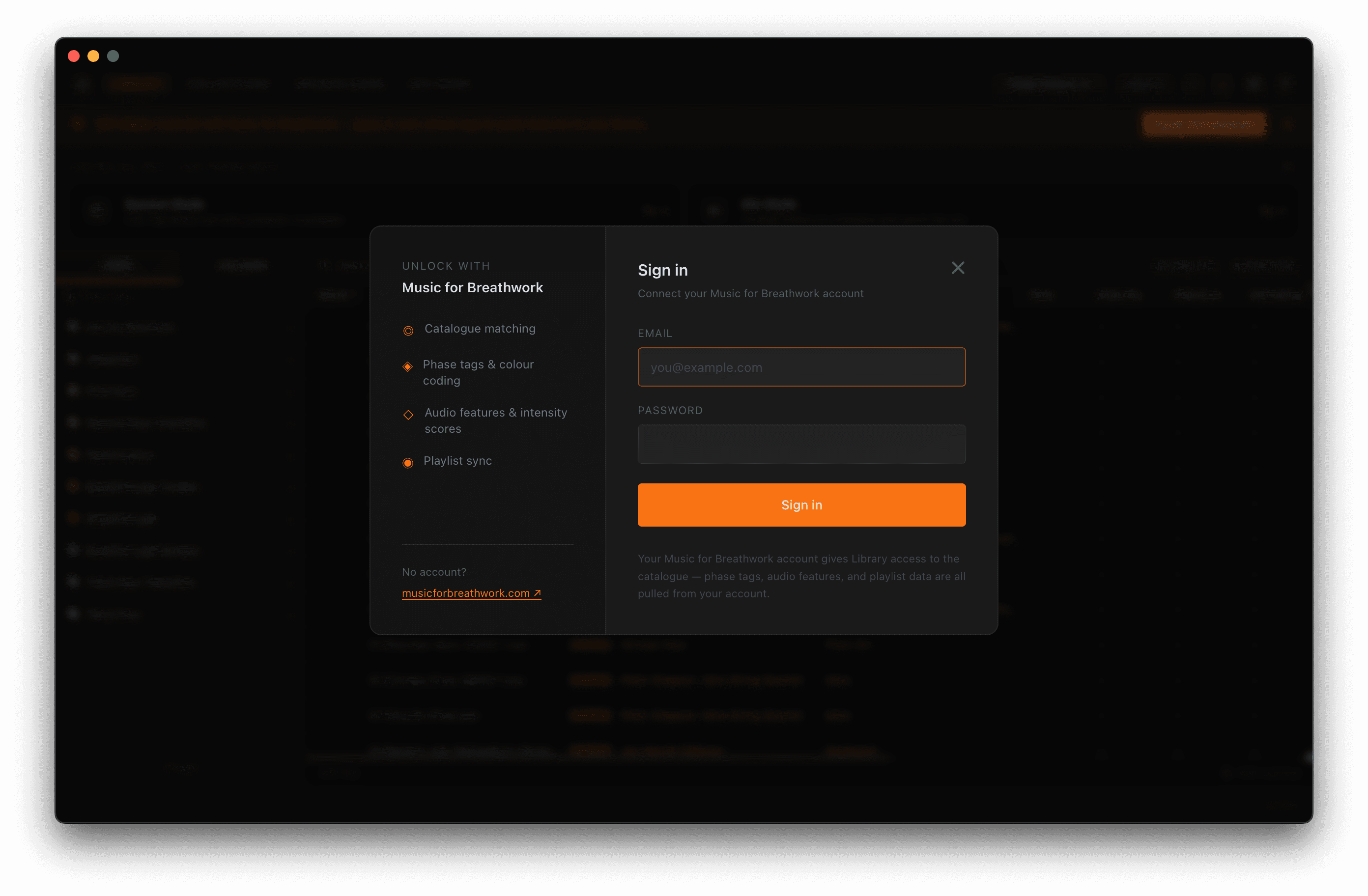 The Music for Breathwork sign-in dialog, listing what a free account unlocks
