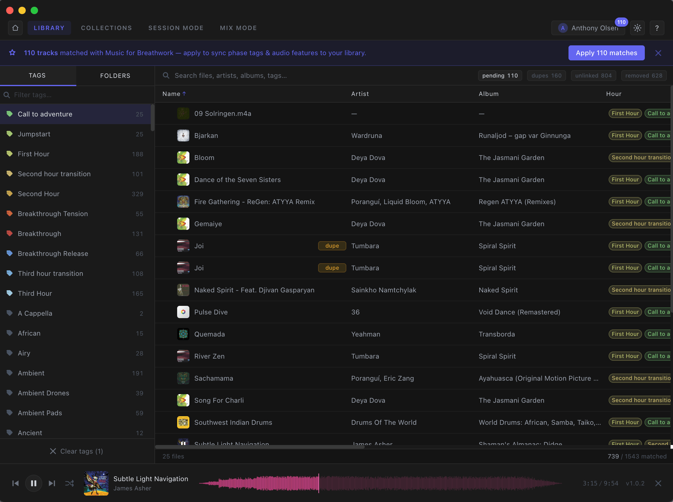 Limina Library — local tracks matched to the catalogue with phase tags